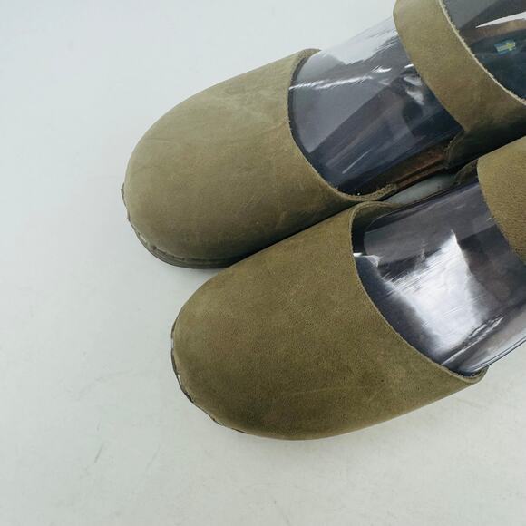 Lotta from Stockholm Green Leather Clogs Wooden Heels Adjustable Strap Size 37 - Picture 3 of 15
